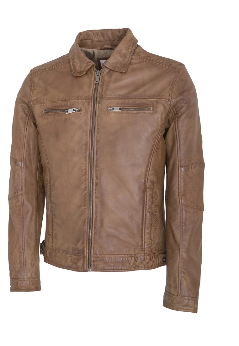 Lee Cooper Leather Jacket With Collar Shirt - 2 Split Side Pockets - - Leren Jas - Vintage Cognac - Afbeelding 3