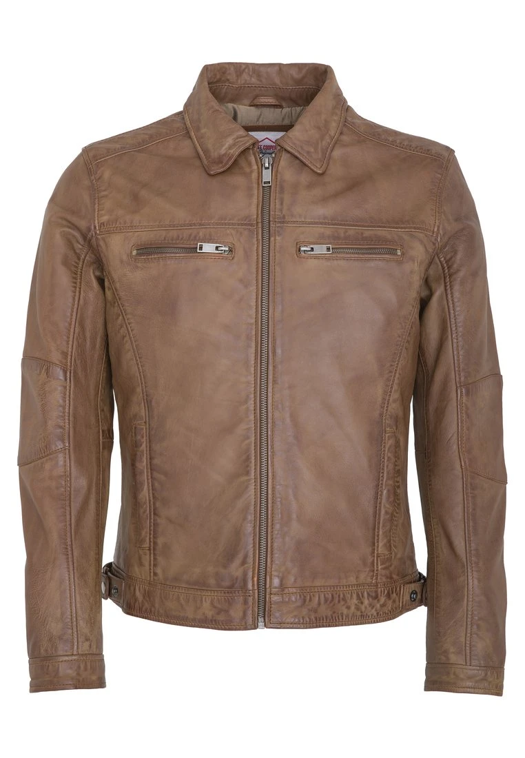 Lee Cooper Leather Jacket With Collar Shirt - 2 Split Side Pockets - - Leren Jas - Vintage Cognac